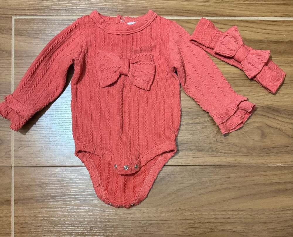 Little Chickadees Baby Girl Coral Cable Knit Long Sleeve Romper and Headband Set